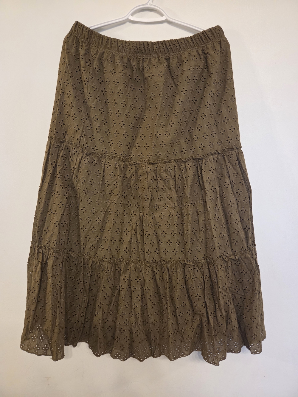 Metro Wear Olive Eyelet Tiered Maxi Skirt